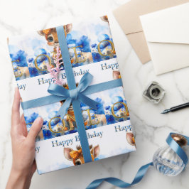 Papel De Regalo Jirafa de primer cumpleaños con lazo de lunares