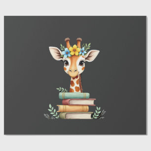 Papel De Regalo Jirafa Linda Con Libro Floral Adicta a los Libros
