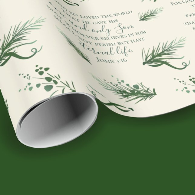 Papel De Regalo John 3:16 Personalizado de la Biblia Navidades de  (John 3:16 custom inspirational Bible verse Christmas wrapping paper. Elegant hand drawn pine  & bows)