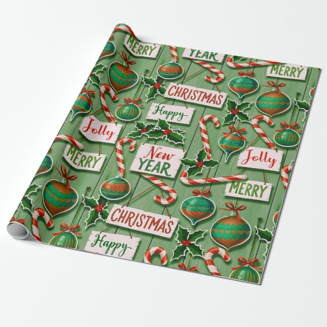 Papel De Regalo Jolly Holiday Jumble Green (Desenrollado)