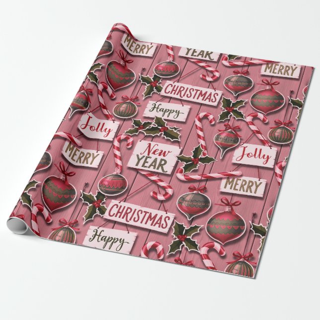 Papel De Regalo Jolly Holiday Jumble Pink (Desenrollado)
