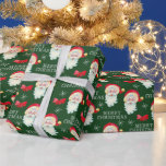 Papel De Regalo Jolly Santa Claus Merry Christmas Dark Green<br><div class="desc">Este papel de envolver de regalo para Navidades presenta un gráfico clásico de Santa Claus y está acentuado con arcos rojos y copos de nieve blancos sobre un fondo verde oscuro.</div>
