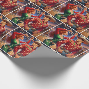 Papel De Regalo Joven de rodeo y vaquero con luces de Navidad
