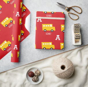 Papel De Regalo Jóvenes Juguetes Transporte Autobús Amarillo Monog