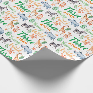 Papel De Regalo Jóvenes salvajes y tres animales de safari cumplen