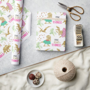 Papel De Regalo Jóvenes silvestres y hay dorado rosado Dinosaurio