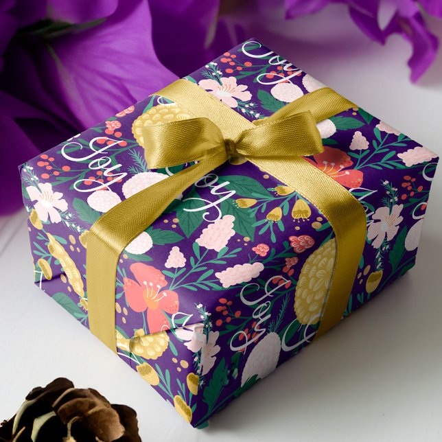 Papel De Regalo Joy Botánica Floral Festividad Jardín Patrón Púrpu (Joy Botanical Floral Festive Garden Pattern Purple Wrapping Paper)