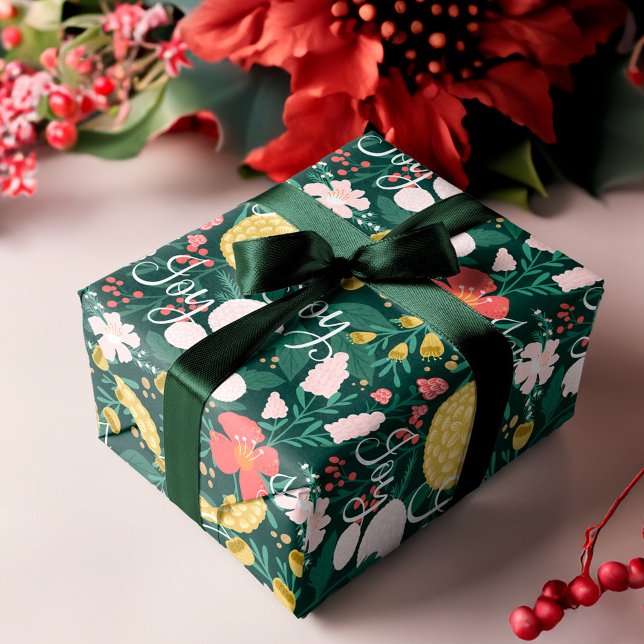 Papel De Regalo Joy Botánica Floral Festividad Jardín Patrón Verde (Joy Botanical Floral Festive Garden Pattern Green Wrapping Paper)