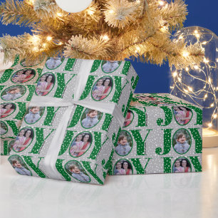 Papel De Regalo JOY verde y copos de nieve para dos Navidades de f