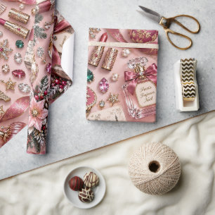 Papel De Regalo Joyas Navideñas de Burdeos Rosa Parisino