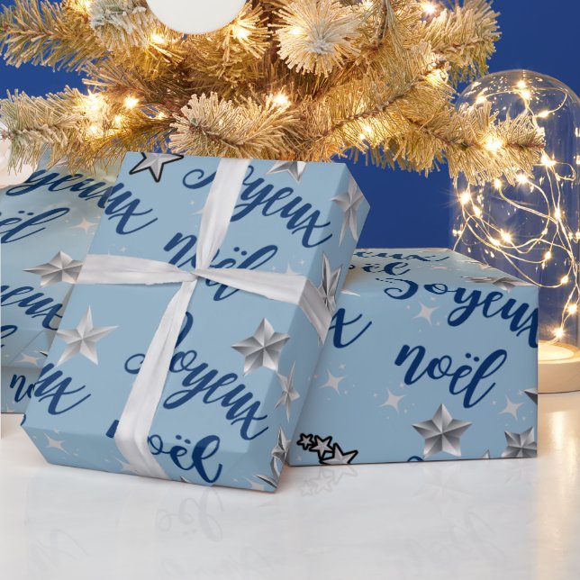 Papel De Regalo Joyeux Noël - Feliz Navidad - Azul y Plata (Vacaciones)
