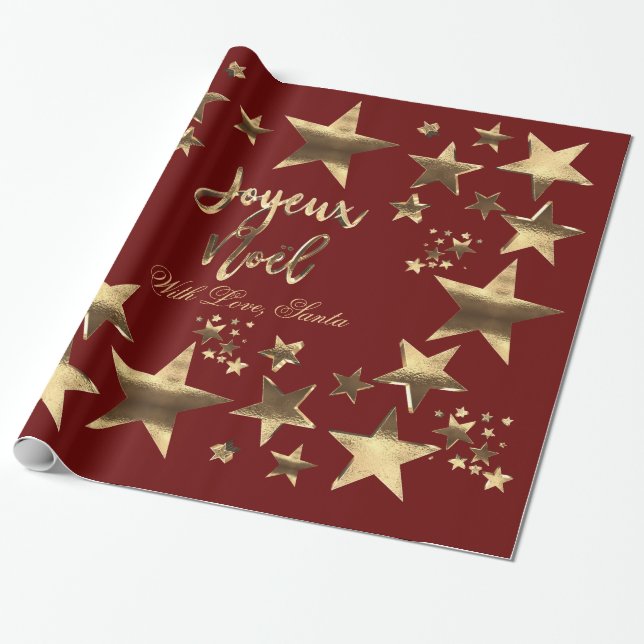 Papel De Regalo Joyeux Noël Stars Red Gold Elegant Navidades (Desenrollado)