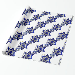 Papel De Regalo Judío-Candlesticks-and-Star-1-Blanco
