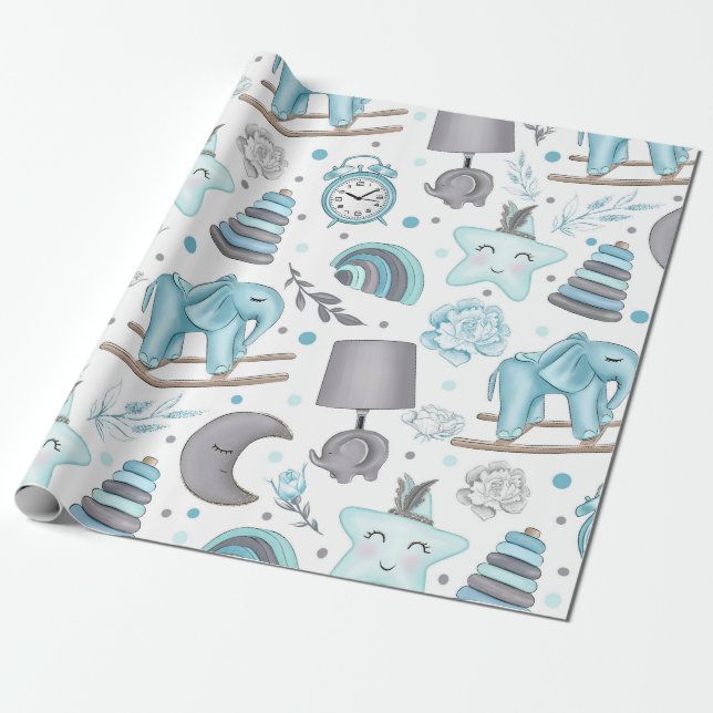 PAPEL DE REGALO JUGUETES DE BABY BLUE & GRY ELEPHANTS (Desenrollado)