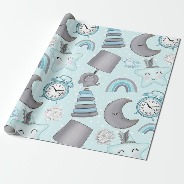 PAPEL DE REGALO JUGUETES DE BABY BLUE & GRY ELEPHANTS (Desenrollado)