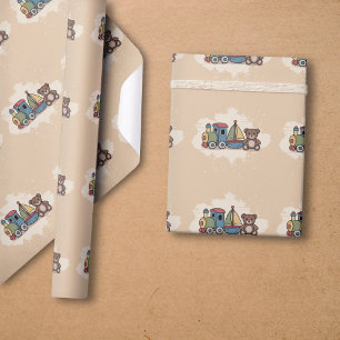 Papel De Regalo Juguetes de madera con tren, velero y oso de peluc