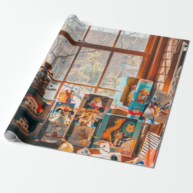 PAPEL DE REGALO JUGUETES DE PLUSH ASORCIADOS EN ESCUELA DE MADERA  (Desenrollado)