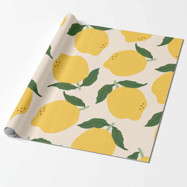 Papel De Regalo Juicy yellow Lemons, green leaves. Fresh tasty fru (Desenrollado)