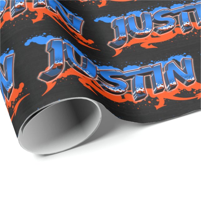 Papel De Regalo Justin Vorname Name Graffiti blue orange (Esquina del rollo)