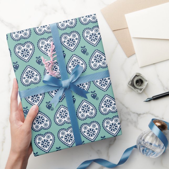 Papel De Regalo ‘Karlek’ loveheart wrapping paper (navy & teal) (Regalar)