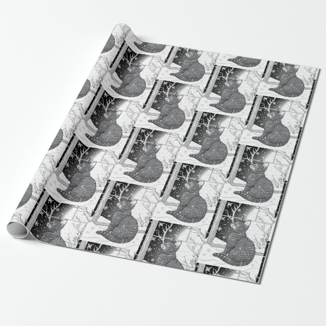 Papel De Regalo Katze am Fenster mit Schneeflocken Sternenhimmel (Desenrollado)