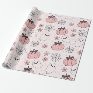 Papel De Regalo Kawaii Fantasma y Calabazas de Halloween Rosa