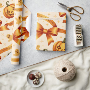 Papel De Regalo Kawaii Halloween Calabaza y arcos de regalo de uva
