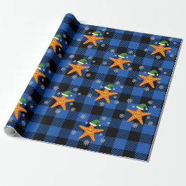 Papel De Regalo Kawaii Navidad Starfish en patrón de búfalo azul