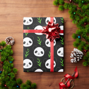 Papel De Regalo Kawaii Panda Pattern Bambú en verde blanco negro