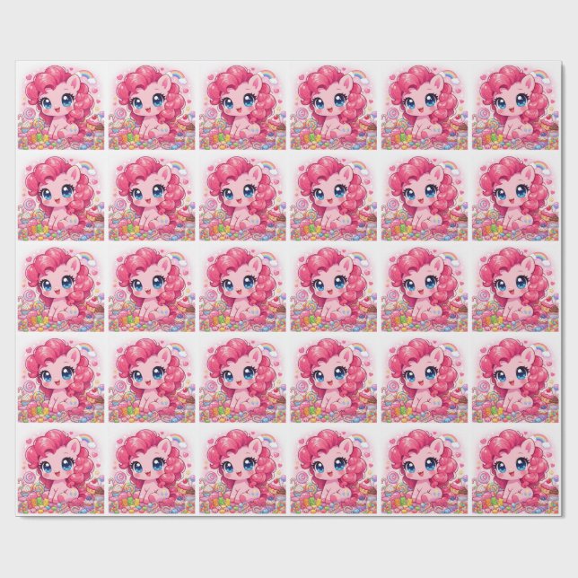 Papel De Regalo Kawaii Pink Pony Chibi Art Wrapping Paper (Superficie plana)
