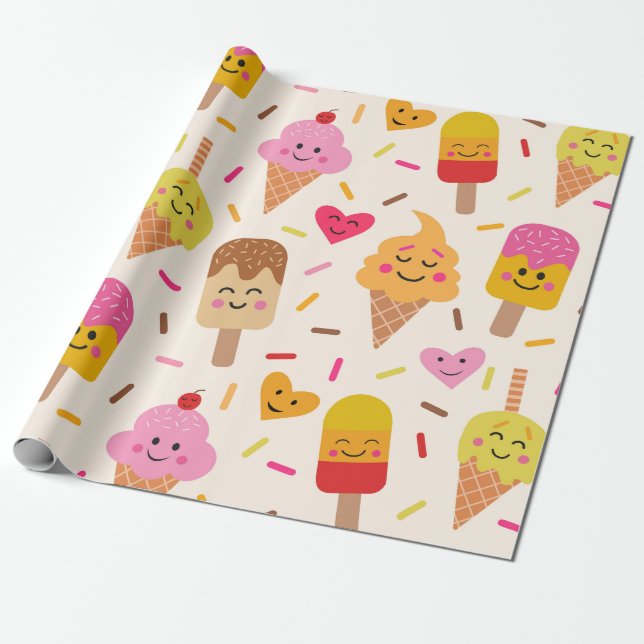 Papel De Regalo Kawaii Sonriente Helado Niños Cumpleaños (Desenrollado)