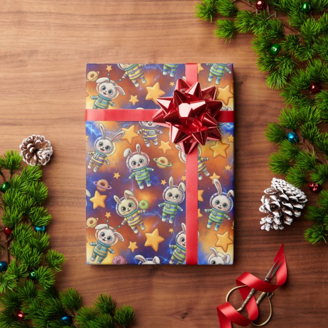 Papel De Regalo Kawaii Space Bunnies & Donuts Galactic Pattern (Regalo de vacaciones)