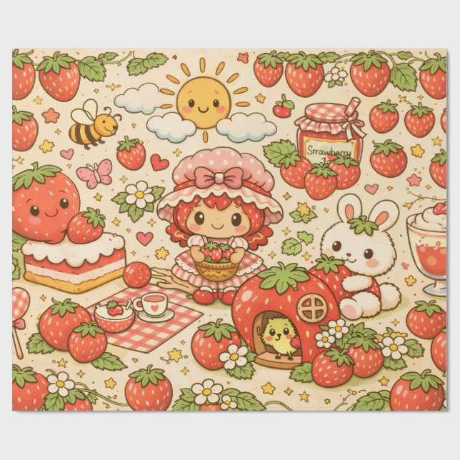 Papel De Regalo Kawaii Strawberry Picnic Wrapping Paper (Superficie plana)