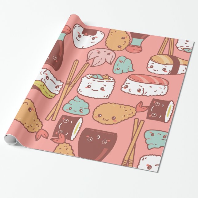 Papel De Regalo kawaii sushi tempura rosa (Desenrollado)