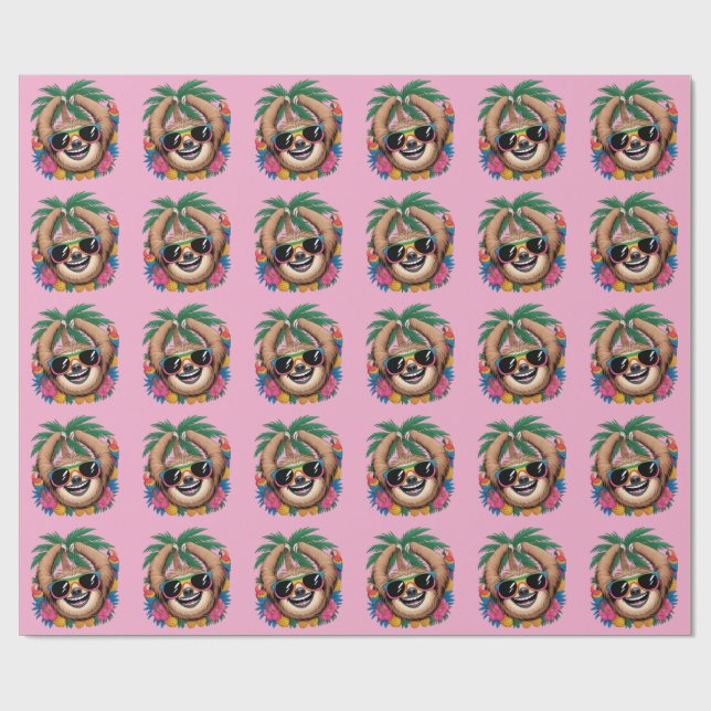 Papel De Regalo Kawaii Tropical Sloth – Cute Summer Vibes Rainbow  (Superficie plana)
