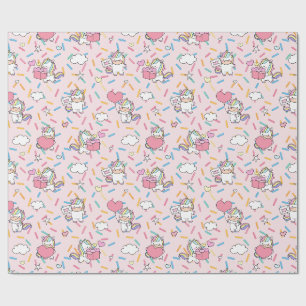 Papel De Regalo Kawaii Unicornio & Patrón de Corazones sobre Rosa