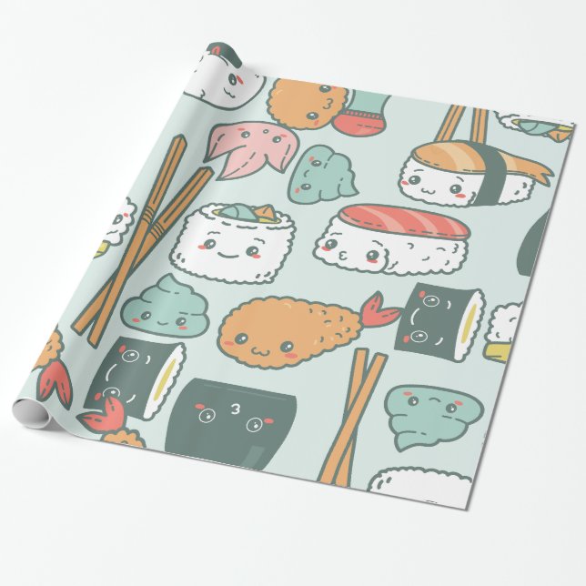 Papel De Regalo kawaii verde sushi tempura lindo (Desenrollado)