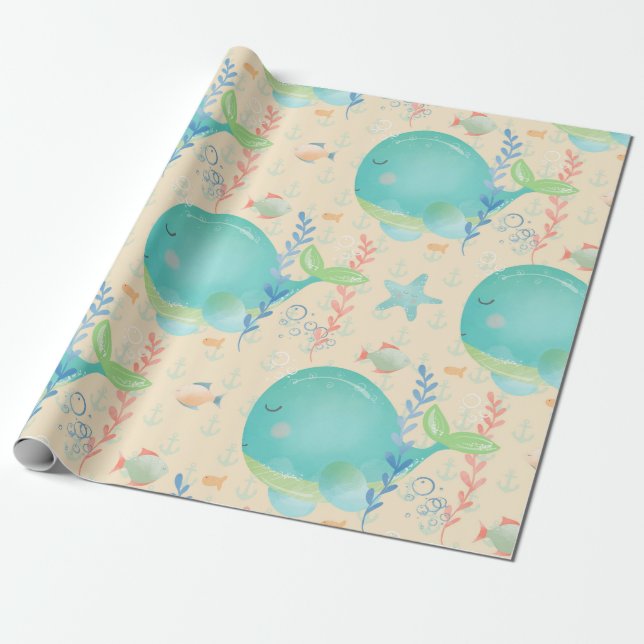 Papel De Regalo Kawaii Whale Under Sea Baby Shower Pattern (Desenrollado)