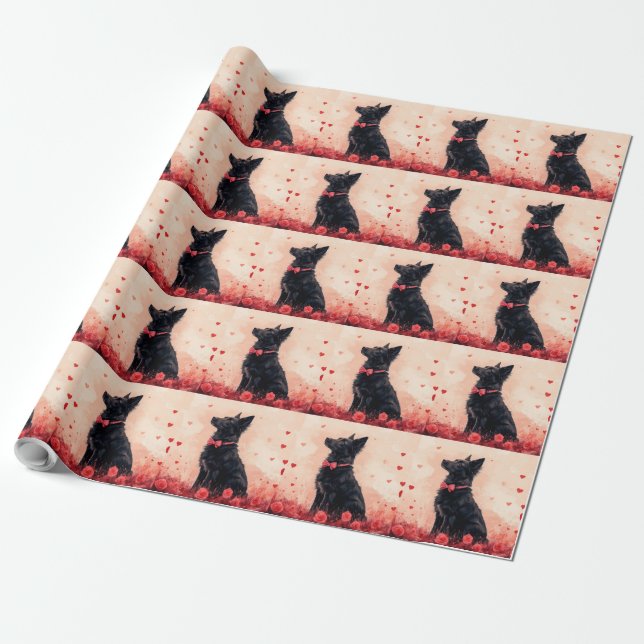 Papel De Regalo Kelpie australiano con rosas - Día de San Valentín (Desenrollado)