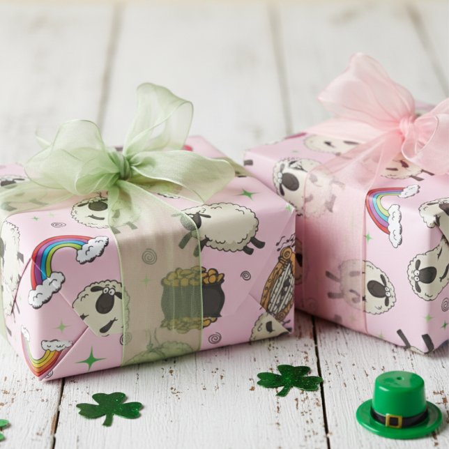 Papel De Regalo Kids Pink St. Patrick’s Day Sheep & Shamrocks (Girly Pink and Green Kids St Patrick's Day Wrapping Paper for Her. Cute Sheep, Rainbow & Shamrocks)