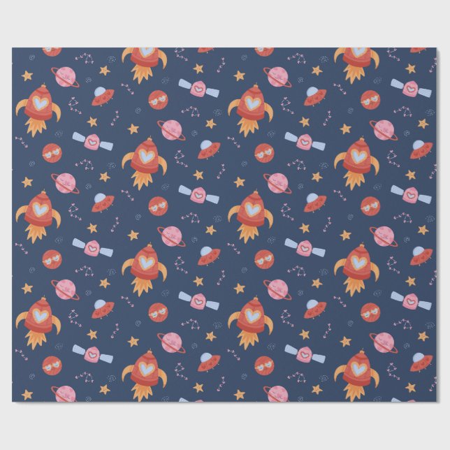 Papel De Regalo Kids Space Pattern with Rockets & Planets (Superficie plana)