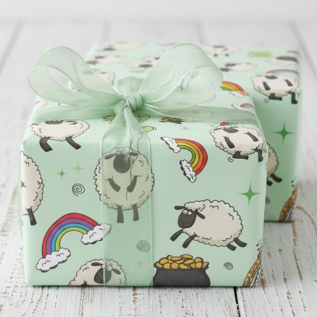 Papel De Regalo Kids St. Patrick’s Day Sheep & Shamrocks (Kids Green St Patrick's Day Wrapping Paper. Cute Irish Sheep, Shamrocks, Rainbow, Four Leaf Clovers)