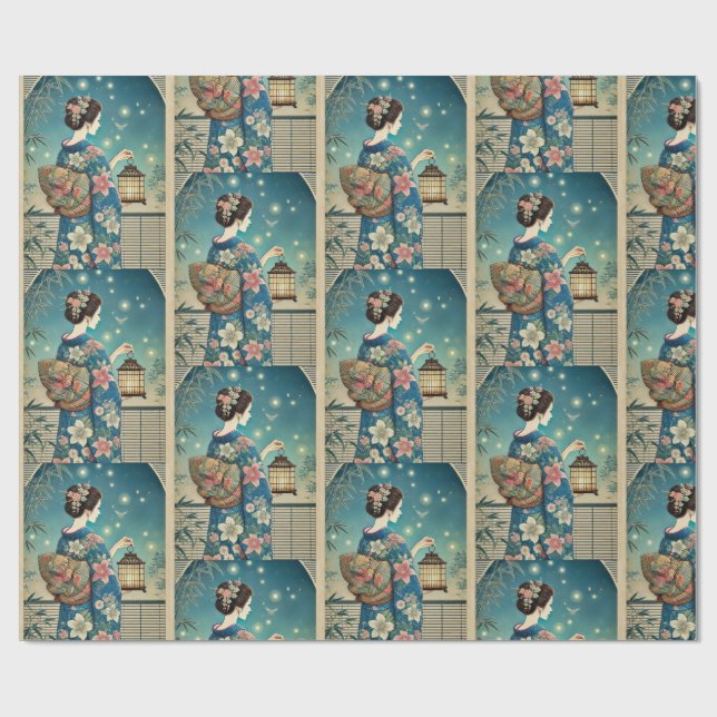 Papel De Regalo kimono de verano y luciérnagas (Superficie plana)