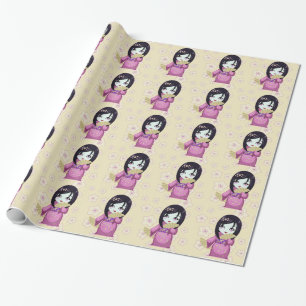 Papel De Regalo Kimono lindo del rosa del geisha con las fans de