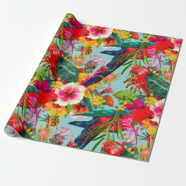 Papel De Regalo King Parrot Tropical Blooms Pattern (Desenrollado)
