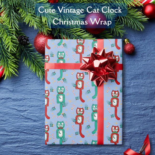 Papel De Regalo Kit de cosecha cúpula Navidades de reloj de gato (Cute Vintage Kit Cat Clocks in holiday colors announce "Its Christmas Time" on this Christmas Wrap.)