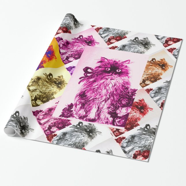 Papel De Regalo KITTEN CON ROSAS ROJAS, rosa, fucsia (Desenrollado)