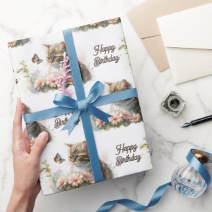 Papel De Regalo Kitten de cumpleaños con mariposa