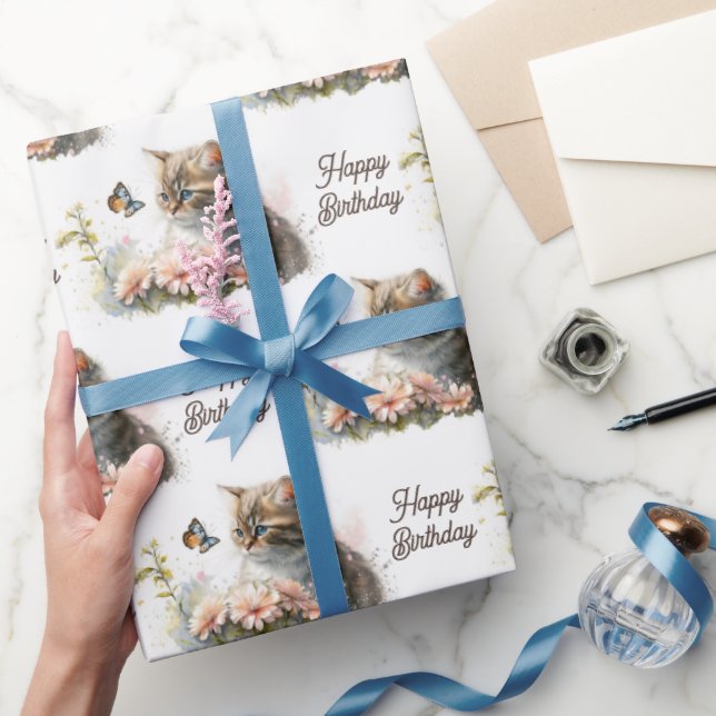 Papel De Regalo Kitten de cumpleaños con mariposa (Regalar)
