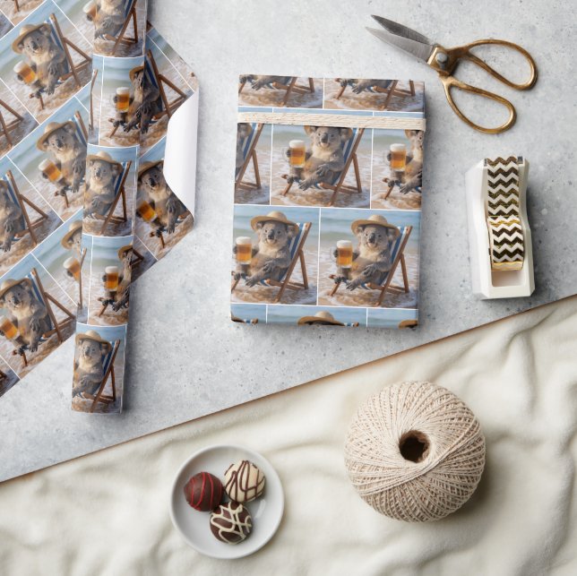 Papel De Regalo Koala con una cerveza en una playa (Artesanía)